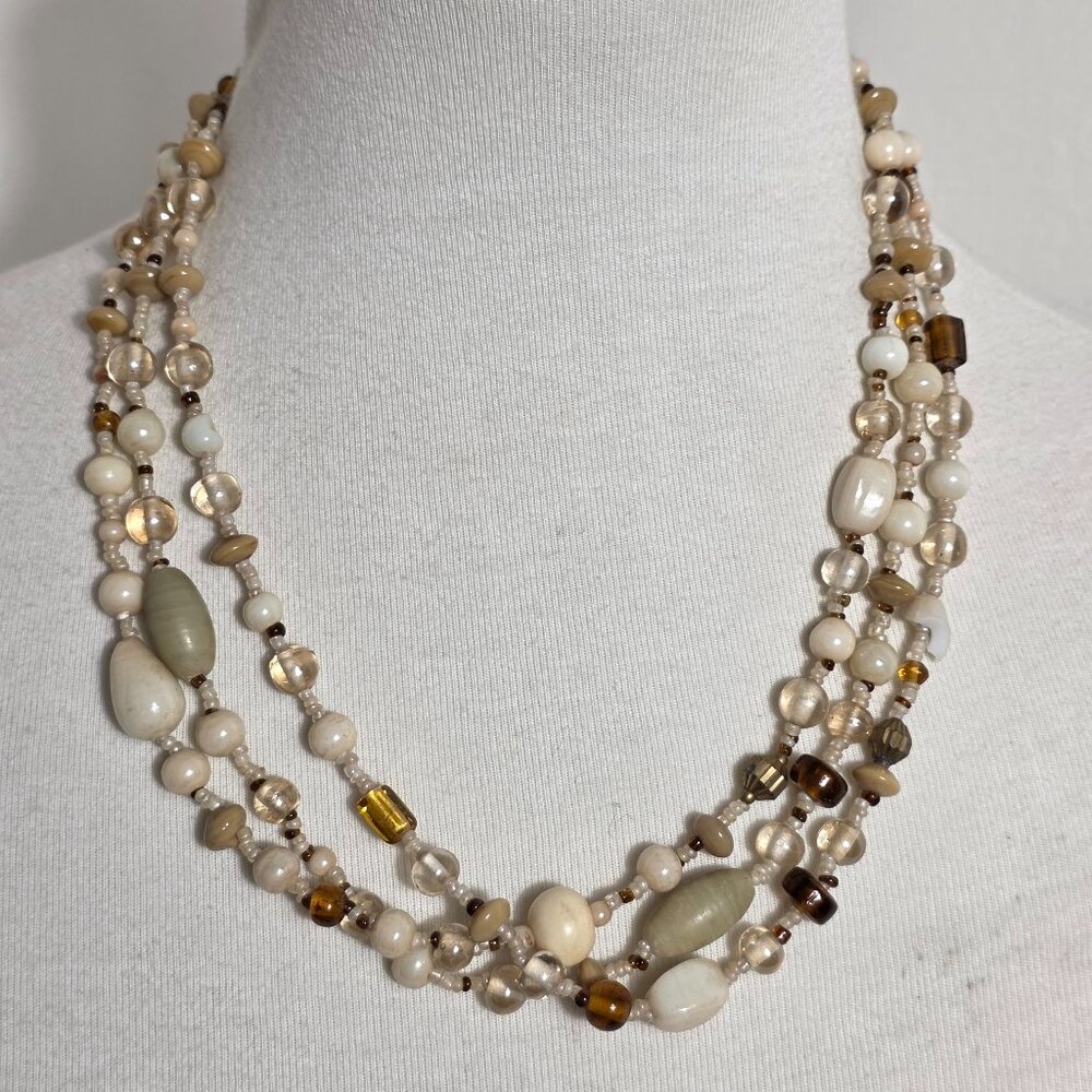 Multi-Strand Beaded Necklace Earth-Tone Color Beads in Various Shapes & Sizes
